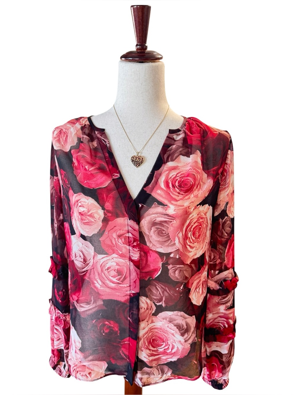 White House Black Market Rose-Print Sheer V-Neck Blouse - Red/Pink